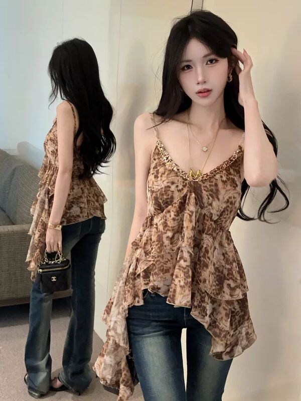 Purely Sexy Retro Sequined Leopard Print V-Neck Camisole Top for Women, Summer Irregular Design, Stunning and Unique Tank Top Purely Sexy Retro Sequined Leopard Print V-Neck Camisole Top for Women, Summer Irregular Design, Stunning and Unique Tank Top