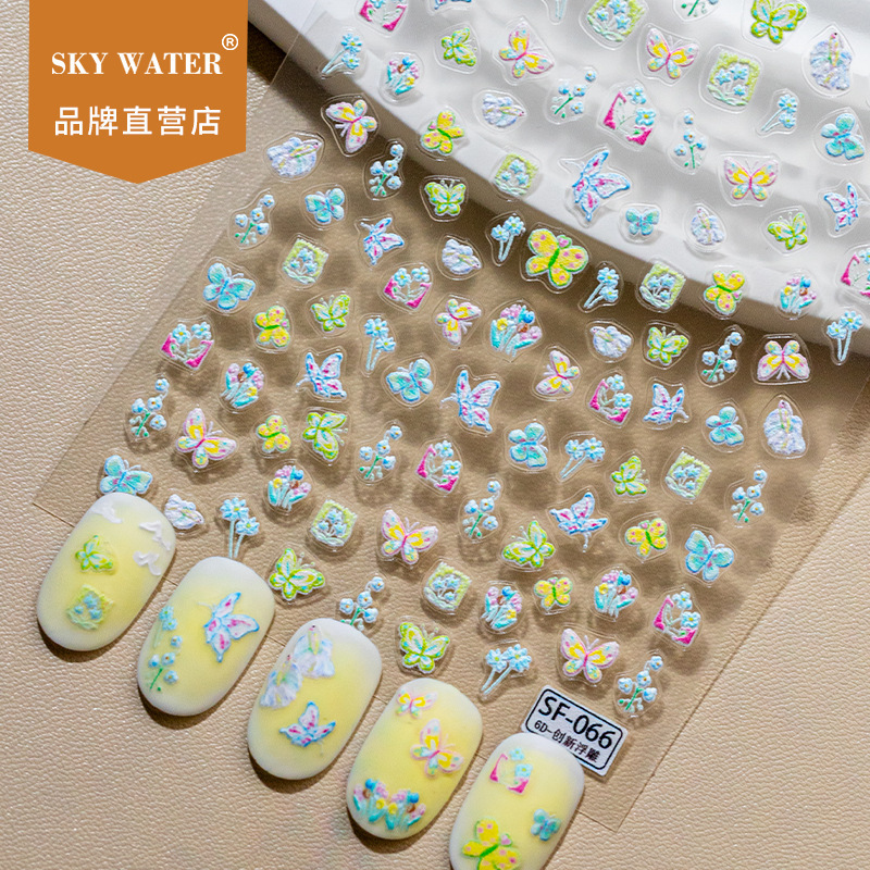 Sky Popular Fresh Spring Oil Painting Butterfly 6D Relief Stereo Nail Art Stickers Mini Colorfulful Flower Nail Stickers