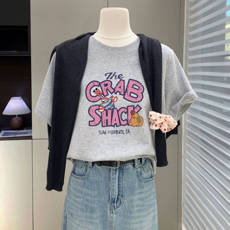 蜜桃粉色t恤女短袖2025新款夏季字母卡通大版宽松显瘦纯棉上衣|undefined