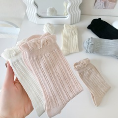 Women's Crew Socks with Lace and Bubble Tops, Student Socks for Summer, Mesh and Cashmere, Breathable, Japanese Style, Plain Color Socks