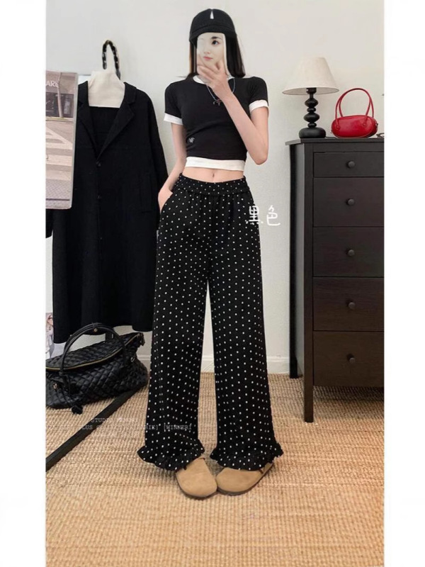 大きいサイズの黒の木製耳水玉模様のワイドレッグパンツ女性の夏薄いファットmmハイウエストスリムドレープストレートカジュアルパンツ|undefined