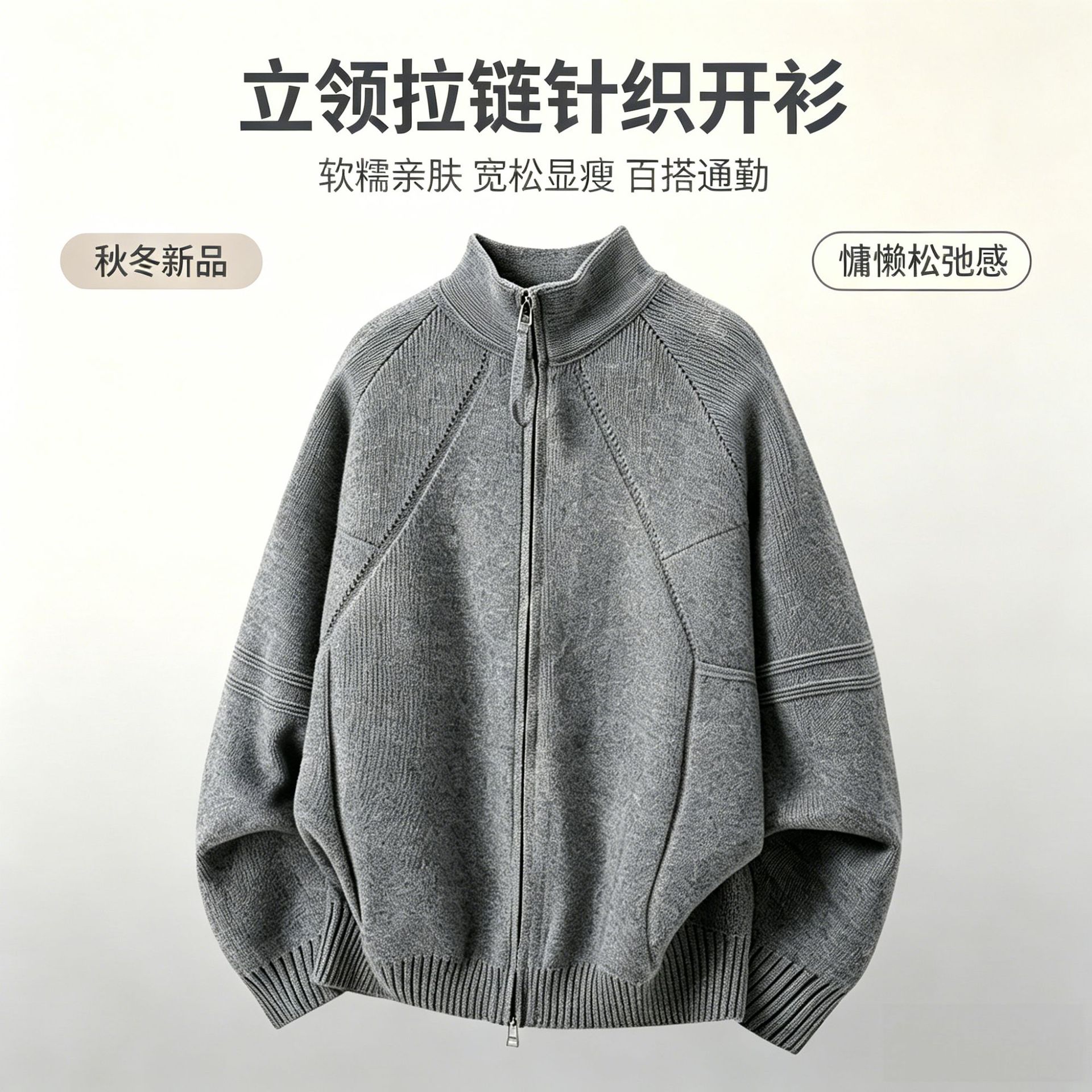 Heavyweight double-zipper stand-up collar sweater for men, 2026 autumn and winter new Korean style casual loose-fit knitted cardigan jacket