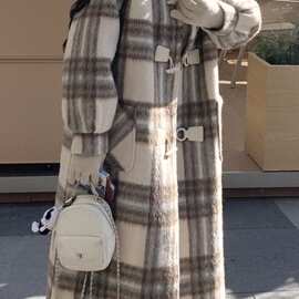 大码加棉内里格子毛呢外套新款感冬季加厚长款呢子大衣女