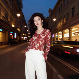 复古风时尚气质V领印花长袖T恤开衫上衣女百搭显瘦薄款网纱空调衫