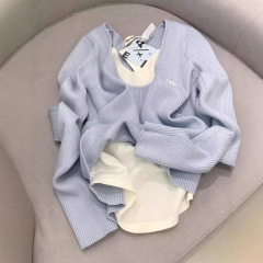 假两件蓝色v领长袖针织衫女冬季秋冬修身内搭打底衫毛衣针织上衣