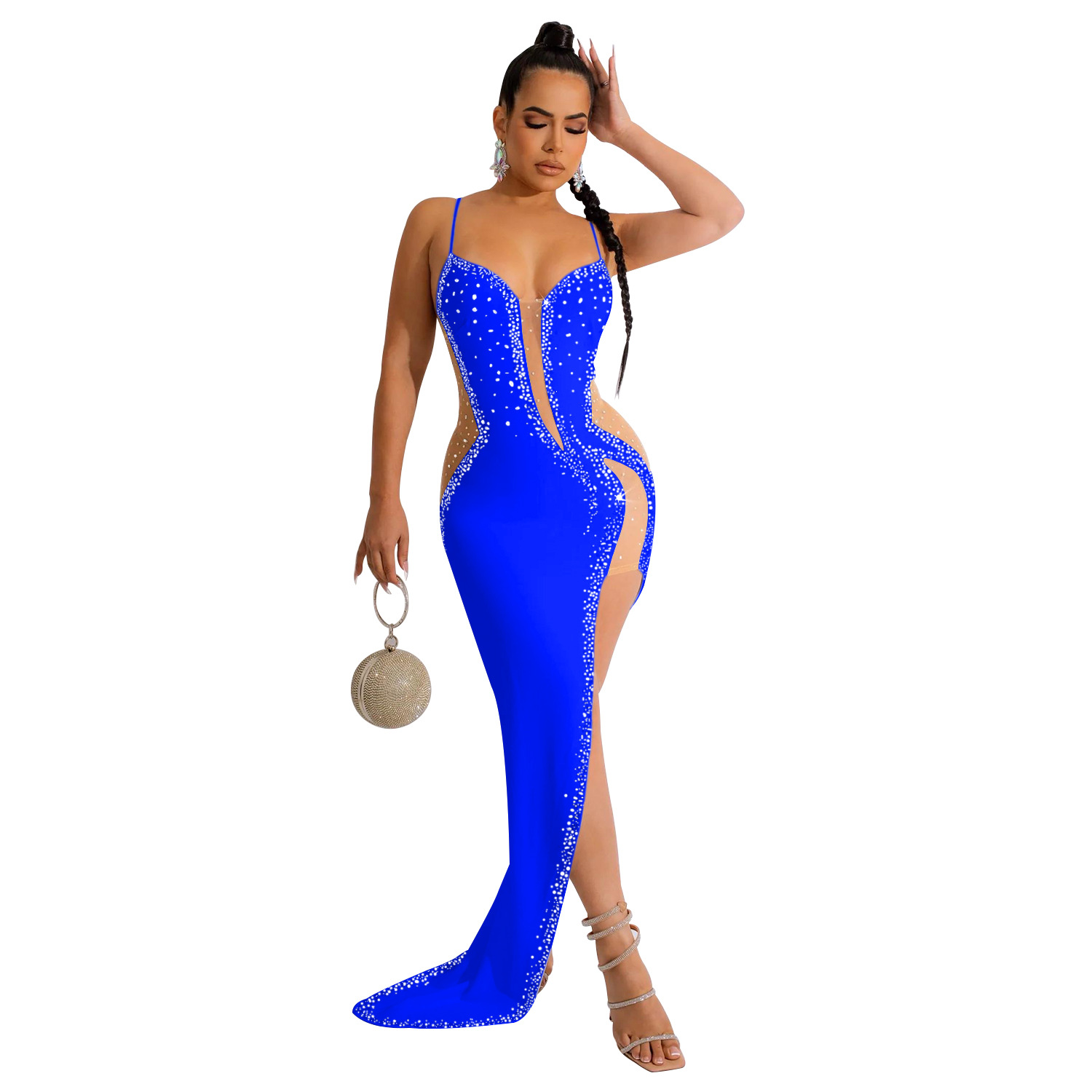 C6039 AliExpress Amazon moda europea y americana de las mujeres de color sólido rhinestone vestido con cuello en V sin mangas correa de hombro vestido de las mujeres image 6