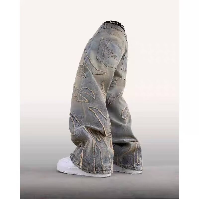 Vintage Embroidered Straight Leg Jeans For Men & Women – Relaxed Fit, Streetwear Fashion, Cotton Denim Pants (Black, Blue-Yellow)​_mkmklike.com