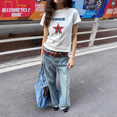 夏用薄手五芒星プリントスリムフィット半袖Tシャツ、女性用、ラウンドネック、多用途、トレンディな白いトップス、ヨーロッパとアメリカンスタイル