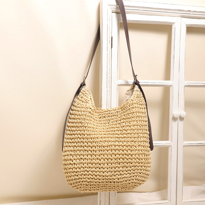 Fashion Large Capacity Straw Crossbody Bag New PU Shoulder Strap Solid Color Woven Bag for Women Beach Vacation - Thumbnail 3