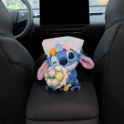 Car Tissue Box, Car Armrest Box Tissue Bag, Genuine Stitch-Style Car Tissue Bag, High-End Feel for Women (Car tissue box/set) - authentic-stitch-with-flowers-plush-tissue-box