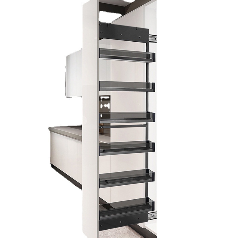 Cesta de aperitivos de armario alto de múltiples capas armario de cocina cesta de tracción de montaje lateral almacenamiento de cristal negro cesta de tracción de alta profundidad ultra estrecha