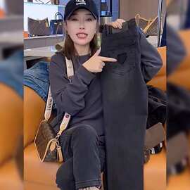 黑灰弹力牛仔裤女2026春季新款梨形身材小个子高腰直筒九分烟管裤