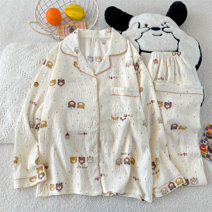 Al por mayor transfronterizo primavera y otoño nuevo pijama de mujer nubes de algodón con solapa cardigan de manga larga pantalones dulces set de ropa para el hogar
