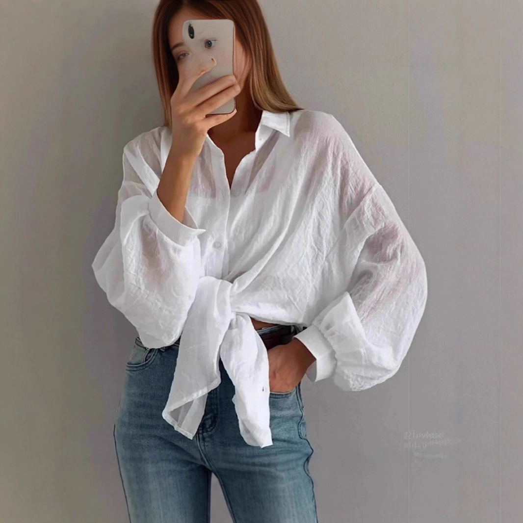 俄罗斯韩版防晒衫POL领长袖纯宽松衬衫女春夏新垮肩袖燕尾式衬衣