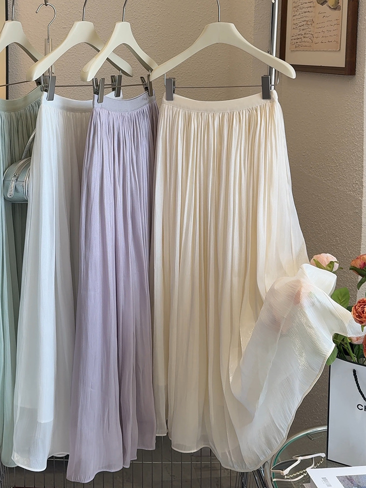 Silky Soft Skirt Summer Icy Cool Flowing Gauze Long Skirt High-End Temperament Ice Silk Slimming Look Long Fairy Skirt