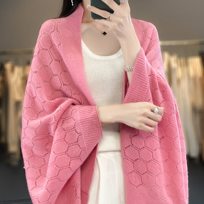 Autumn and Winter New Wool Hollow Cardigan Cape Shawl Outer Wear Sweater Women's Loose Korean Style with Cheongsam Coat Women