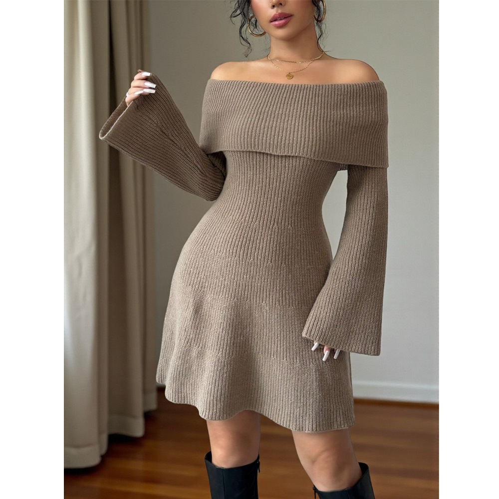 欧美外贸一字肩针织连衣裙秋冬新款喇叭袖修身显瘦A字裙女装批发