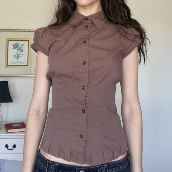 European and American Urban Style POLO Collar Breasted Pleated Waist Bubble Sleeve Shirt Elegant Commuting All-match Slimming Short Sleeve