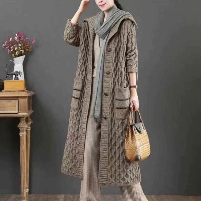 Ultra-Thick Demi-Season Knitted Cardigan Coat: Long Sweater-Jacket with Trench Flair and Warmth