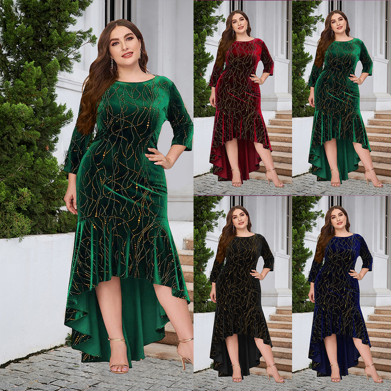 23023 Amazon Women's Plus Size Three Quarter Sleeve Mermaid High and Low Hem Extra Long Velvet Official Jumpsuit