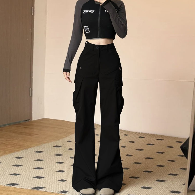 Meilade American-Style High-Waisted Straight-Leg Cargo Pants for Women, Summer Thin Slim-Fit Flared Wide-Leg Casual Pants for Trendy Girls