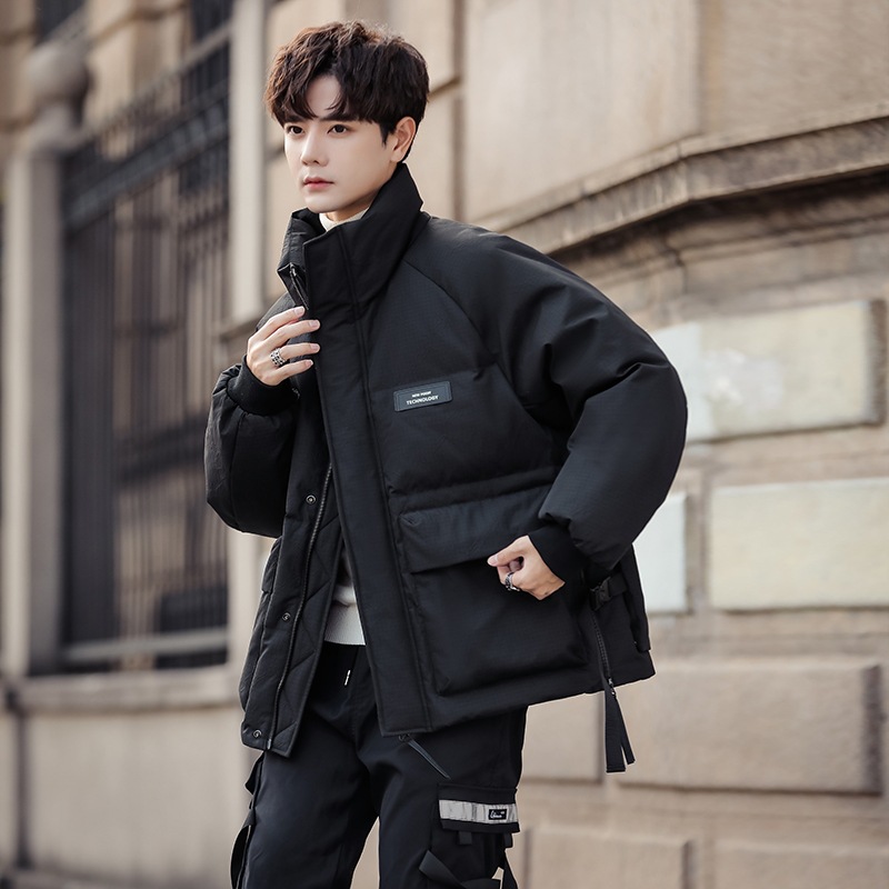 Vêtements pour hommes Veste d'hiver décontractée en coton et soie pour hommes épaissie 2023 nouveau style hiver ample marque tendance col montant veste courte pour hommes_voghion.com