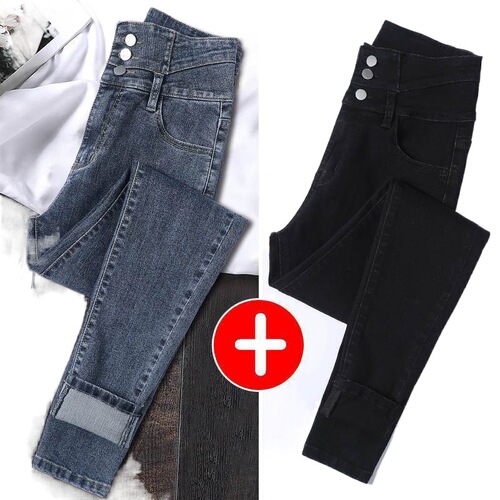 Buy One Get One Free High-Waisted Women's Denim Jeans for Spring and Autumn, Korean Version, Slim-Fitting, Versatile, Penannular, Elastic, Tight-Fitting, Small-Footed Pants