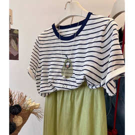 趣味卡通牛油果~凉爽透气冰丝料撞色领百搭条纹针织短袖上衣女t恤