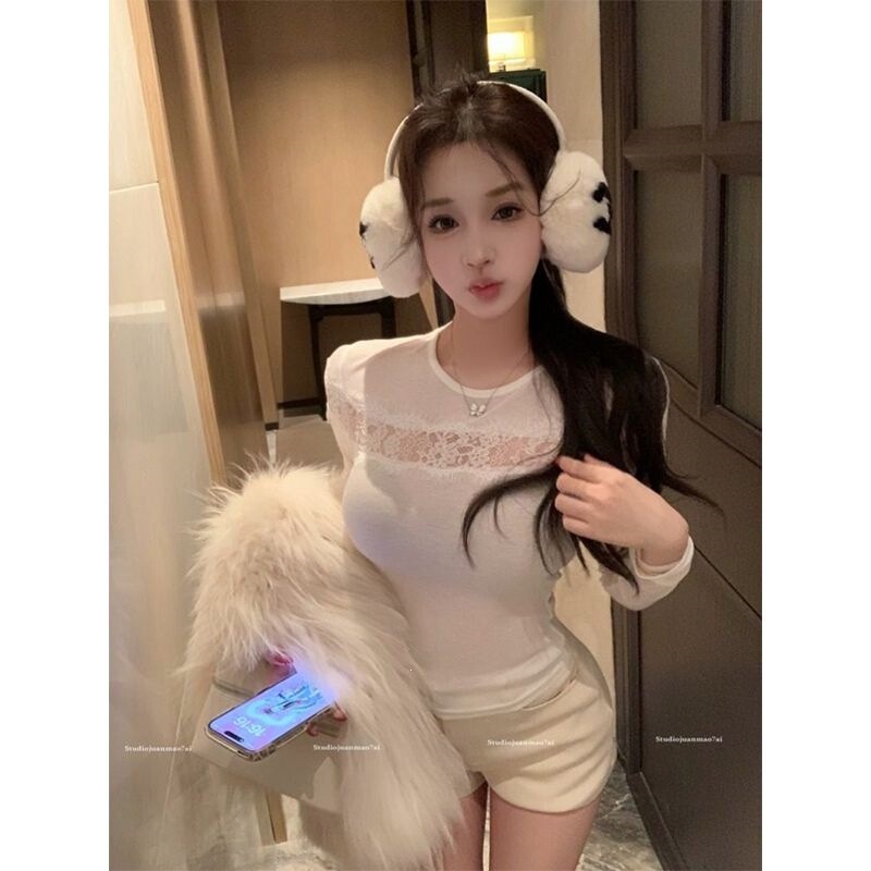260g rayon pure desire hot girl style semi-transparent hollow lace patchwork base shirt for women, autumn slim-fit long-sleeve top 260g rayon pure desire hot girl style semi-transparent hollow lace patchwork base shirt for women, autumn slim-fit long-sleeve top