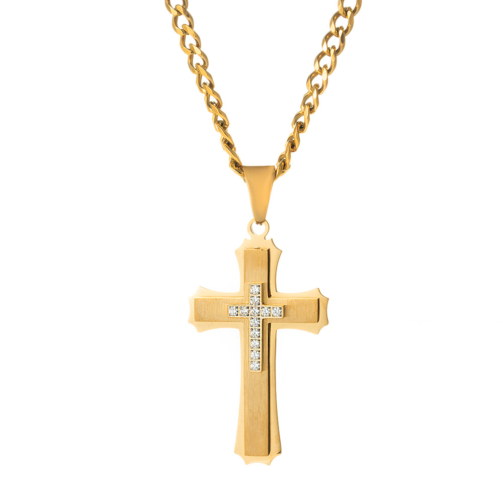 Collier en titane, pendentif croix multicouche en acier inoxydable pour homme, orné de zirconiums, style européen, en vente directe à l'export._voghion.com