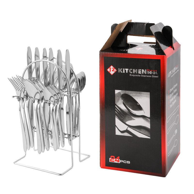 Cubiertos de acero inoxidable 24 piezas, incluye cuchillo para carne y estante – para restaurante y hotel.