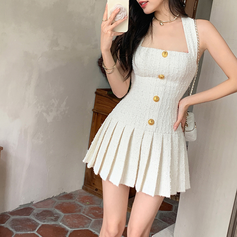 Seoul City Girl Handicraft Workshop Gold Buckle Tweed Halterneck Suspender Skirt Xiaoxiang Vest Dress Summer White Dress