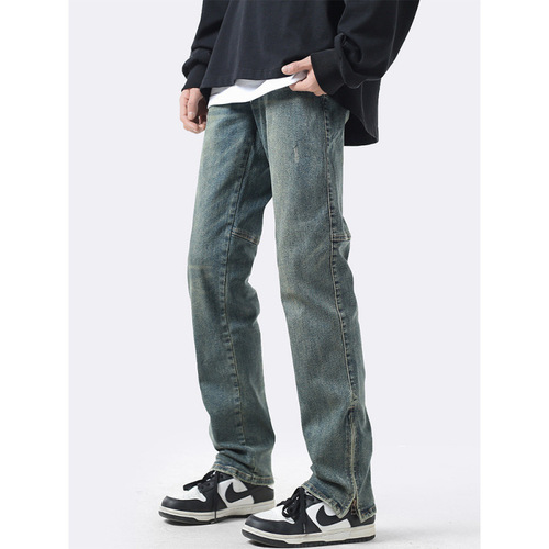 Jeans for men's spring high street vibe fashion brand retro, old, washed zipper, slim, straight casual pants