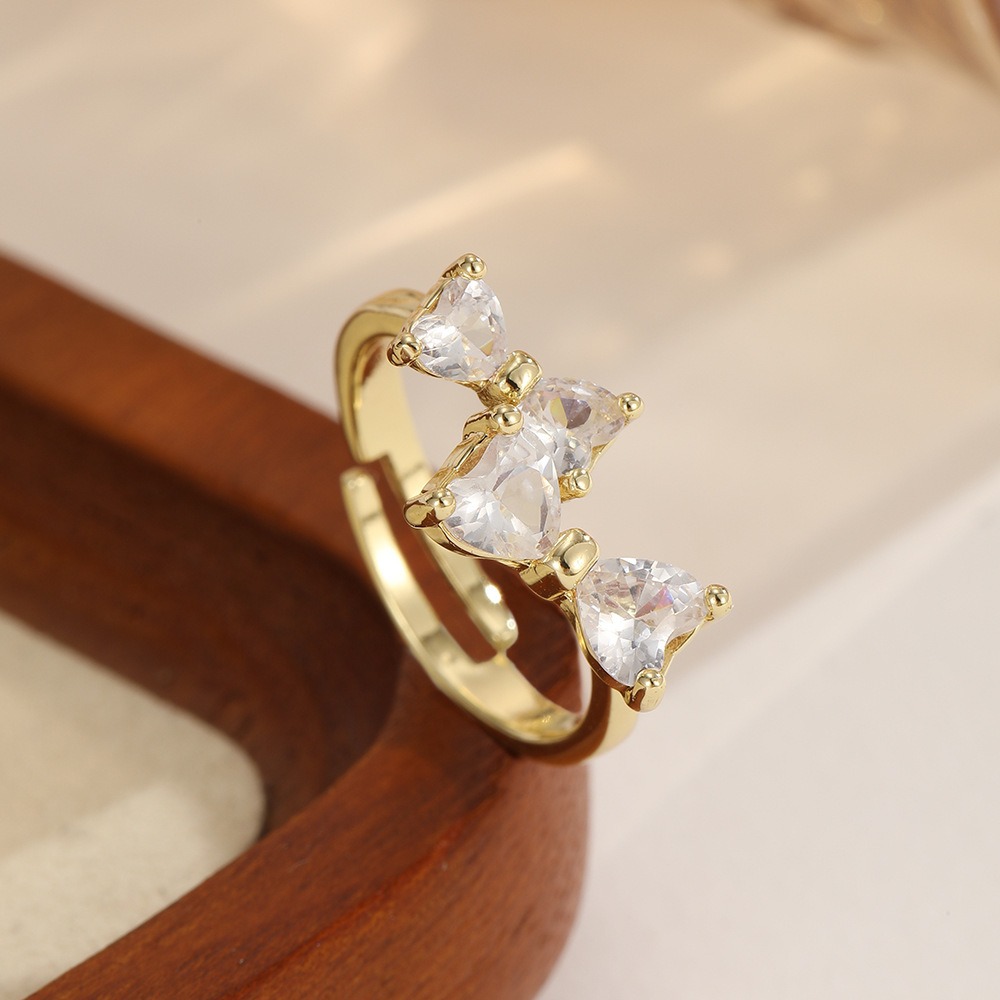 Zircon bow open ring for women, fashionable and light luxury, adjustable index finger ring, personalized trendy bow ring