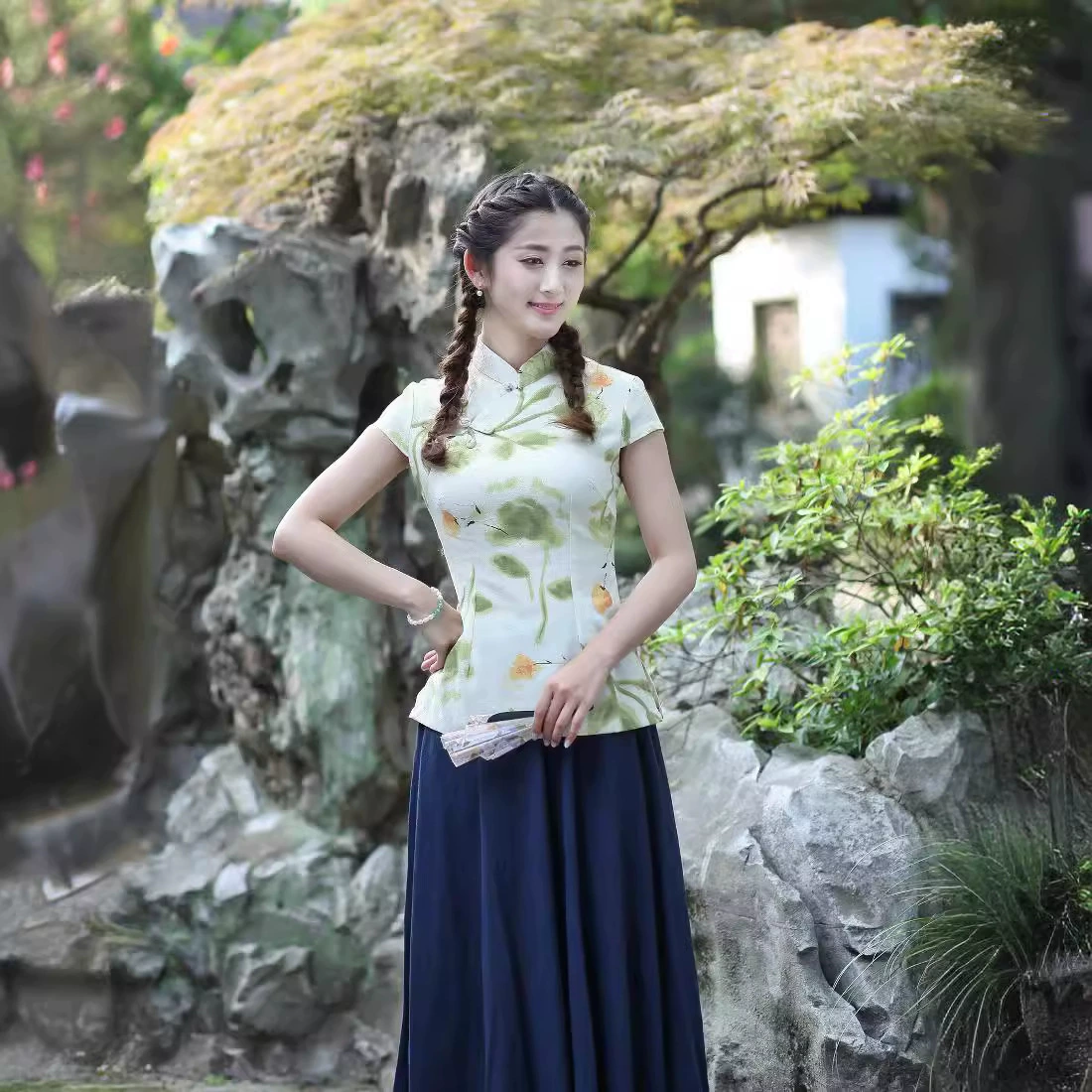 Новый Cheongsam Топ Этнический Стиль Короткий Рукав Тан Костюм 2518 Рабочая Одежда