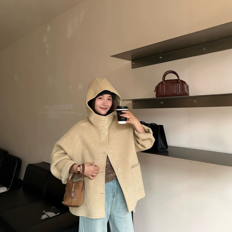 Pink Hooded Double-Sided Woolen Coat for Women, Gentle and Age-Reducing, Korean Style, Loose Fit, Drop Shoulder, Large Pockets, Casual Jacket Pink Hooded Double-Sided Woolen Coat for Women, Gentle and Age-Reducing, Korean Style, Loose Fit, Drop Shoulder, Large Pockets, Casual Jacket