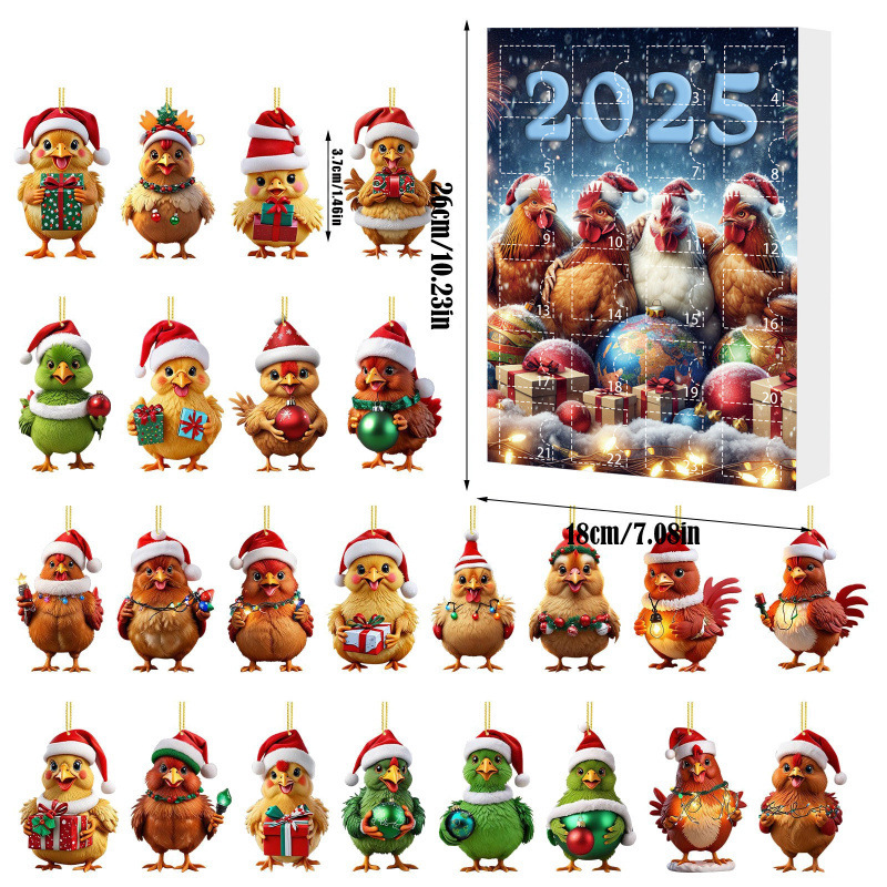 跨境2025圣诞倒计时日历盲盒迷你鸡仔亚克力平面挂件圣诞树装饰品|undefined