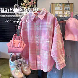 女童衬衫长袖春秋2025新款韩系格子洋气时髦翻领上衣儿童衬衣外套