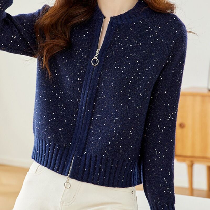 Unmun Glitter Silk Sequin Sweater Short Jacket for Women Spring & Fall New Style Unique and Chic Small Zipper Jacket
