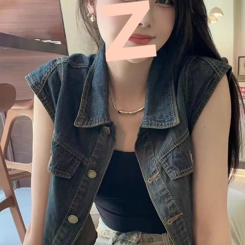 American Retro High-End Elegant Versatile Denim Vest Women's Polo Collar Short Sleeveless Waistoutwear Top Cardigan Summer