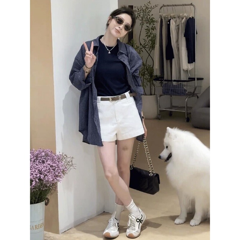 复古蓝色格子衬衫女2025春秋季新款宽松显瘦慵懒风休闲百搭衬衣潮|undefined