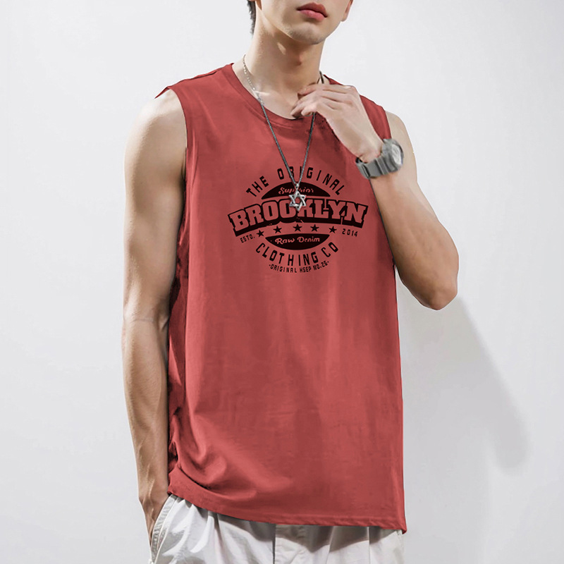 Pure Cotton Men's Vest Summer Loose Sports Waistband Wide Shoulder Fitness Trendy Printed Sleeveless T-Shirt Basketball Hurdle