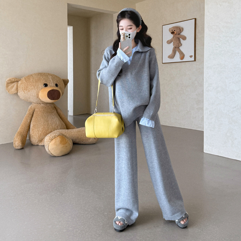 实拍现货2025孕妇秋冬衬衣拼接时尚毛衣休闲款时尚套装显瘦|undefined