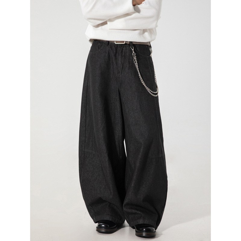 美式复古原牛黑色牛仔裤男秋季新款分割结构弯刀裤廓形直筒长裤子