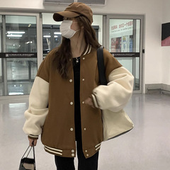 アメリカンレトロ風ゆったり厚手野球ユニフォーム 秋冬2025新作 韓国風学生向け裏起毛スウェットジャケット レディース