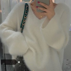 2025 新しい韓国スタイルの優しいスタイルの毛皮のようなイミテーションミンク V ネックプルオーバーセーター女性のための秋と冬の多用途ルーズアウターウェア