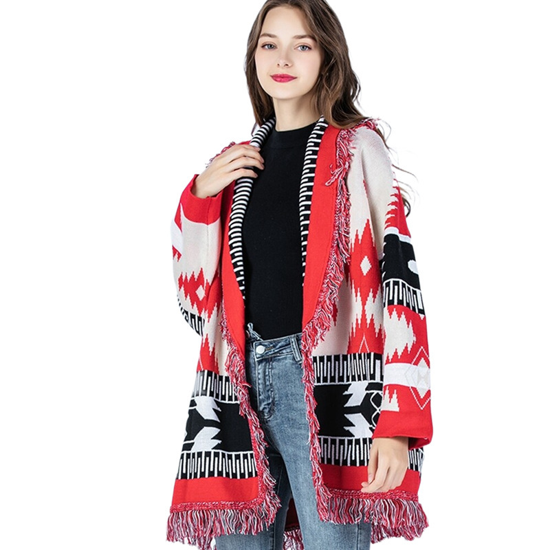 Cross-border European and American Winter Tourism Loose Lazy Wind Tassel Wool Coat Bohemian Jacquard Knitted Cardigan for Women