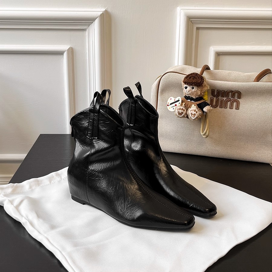 In Stock ~ French Flats-Soled Short Boots with 5cm Inner Height Increase for Women, Pointed Toe Inner Height Increase, V-Mouth Slimming Look Boots, Chelsea Boots