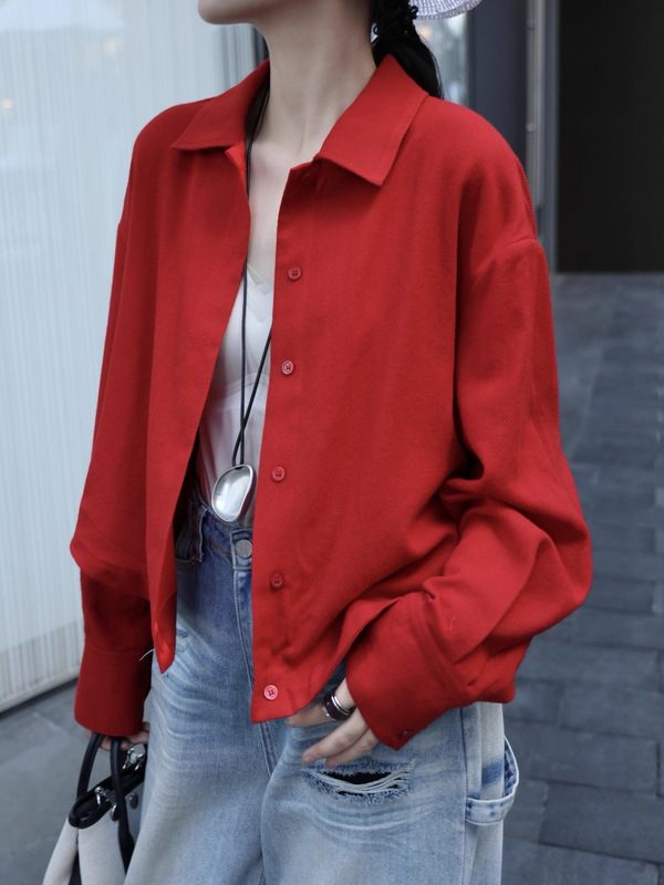 2025早秋休闲连肩袖抽绳羊毛翻领长袖衬衫女小个子慵懒风显瘦上衣|undefined