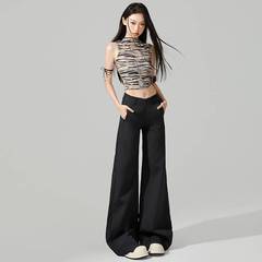 批发夏季黑色垂感修身微喇叭裤女高腰显瘦休闲西装裤子